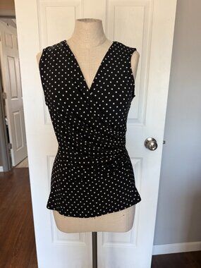 DKNY Black White Polka Dot Ruched Faux Wrap Top Size Small